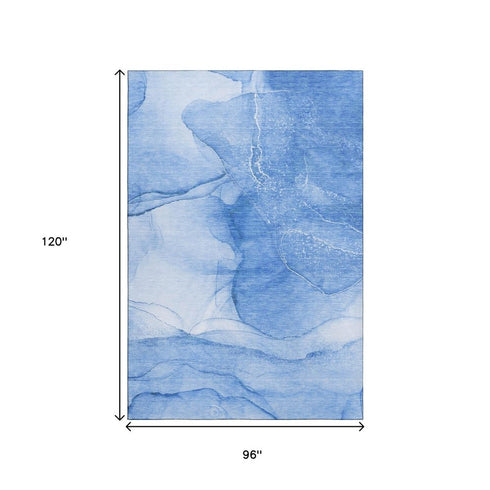 8' X 10' Blue And Ivory Abstract Washable Area Rug With UV Protection