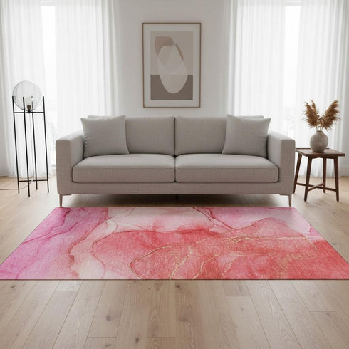 5' X 8' Pink And Ivory Abstract Washable Area Rug With UV Protection