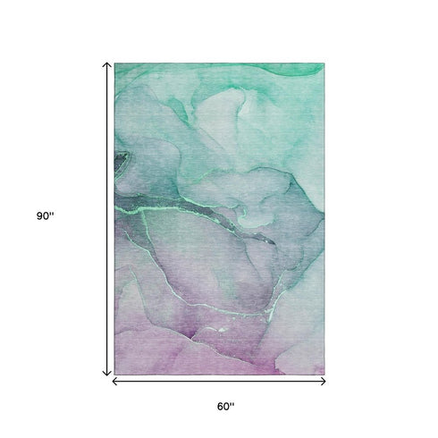 5' X 8' Fern Green And Ivory Abstract Washable Area Rug With UV Protection