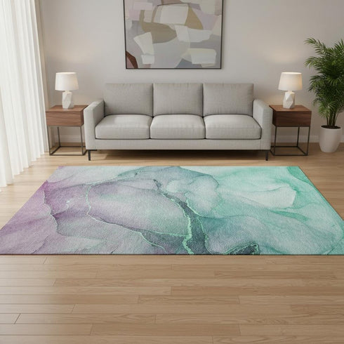 5' X 8' Fern Green And Ivory Abstract Washable Area Rug With UV Protection