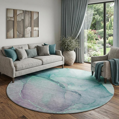 8' Fern Green And Ivory Abstract Washable Round Rug With UV Protection