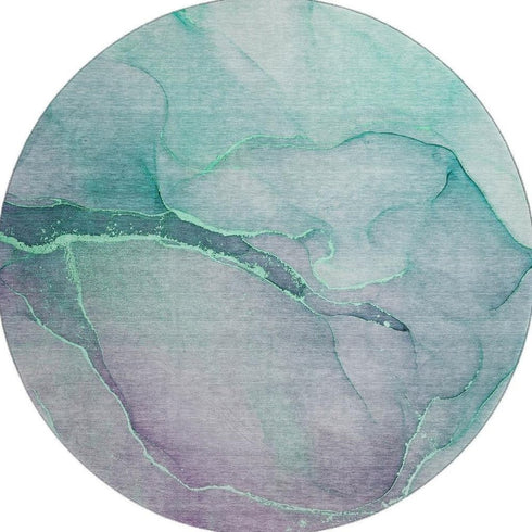 8' Fern Green And Ivory Abstract Washable Round Rug With UV Protection