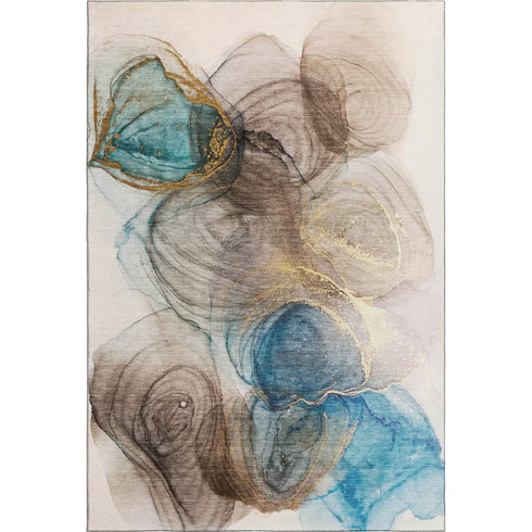 9' X 12' Beige Ivory And Blue Abstract Washable Area Rug With UV Protection