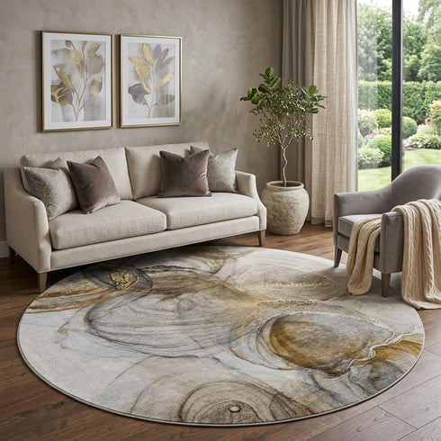 8' Brown And Ivory Abstract Washable Round Rug With UV Protection