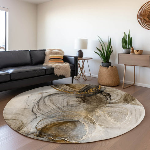 8' Brown And Ivory Abstract Washable Round Rug With UV Protection