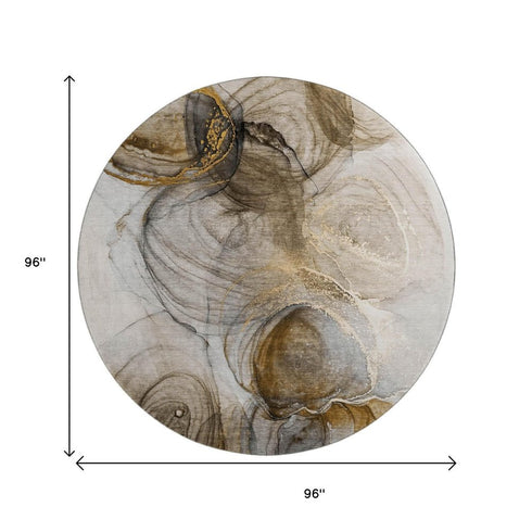 8' Brown And Ivory Abstract Washable Round Rug With UV Protection
