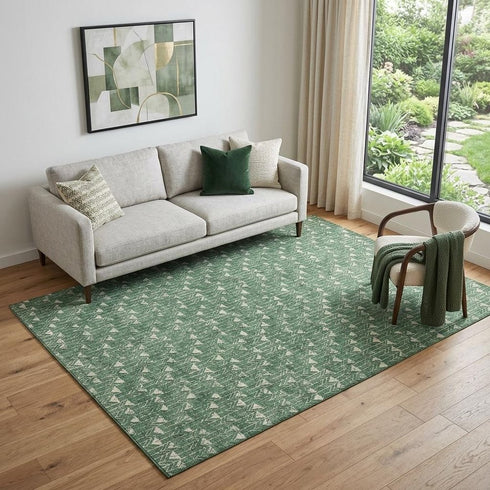 9' X 12' Green And Ivory Geometric Washable Area Rug With UV Protection