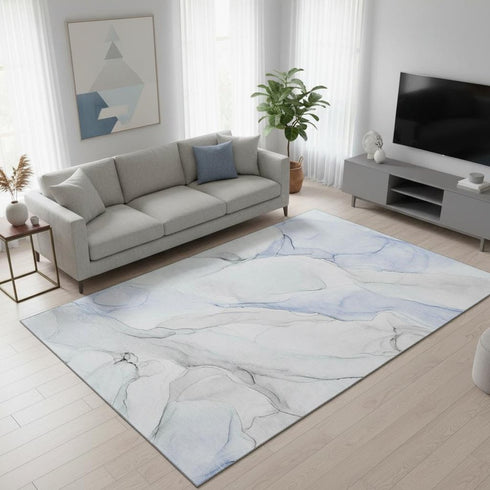 5' X 8' Blue And Ivory Abstract Washable Area Rug With UV Protection