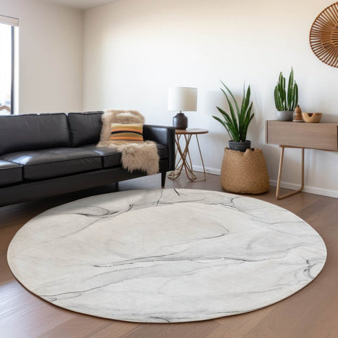 8' Gray And Ivory Abstract Washable Round Rug With UV Protection