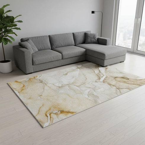 8' X 10' Brown And Ivory Abstract Washable Area Rug With UV Protection