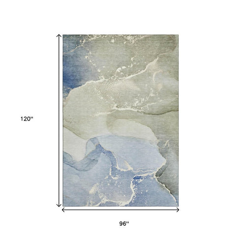8' X 10' Blue Gray And Ivory Abstract Washable Area Rug With UV Protection