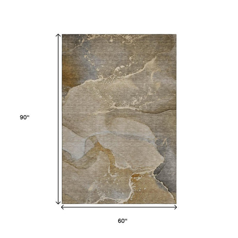 5' X 8' Brown Gray And Ivory Abstract Washable Area Rug With UV Protection