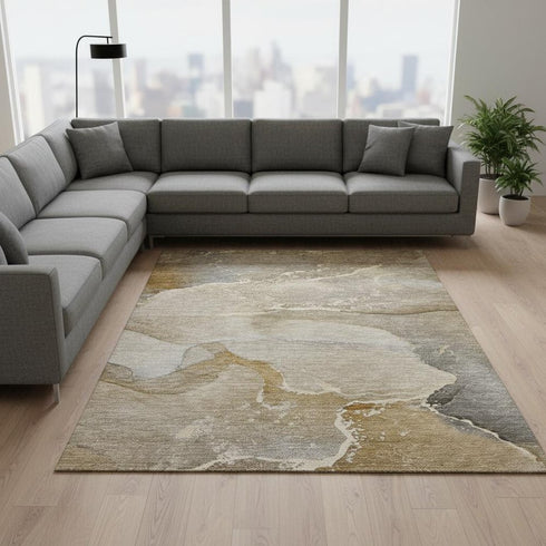 8' X 10' Brown Gray And Ivory Abstract Washable Area Rug With UV Protection
