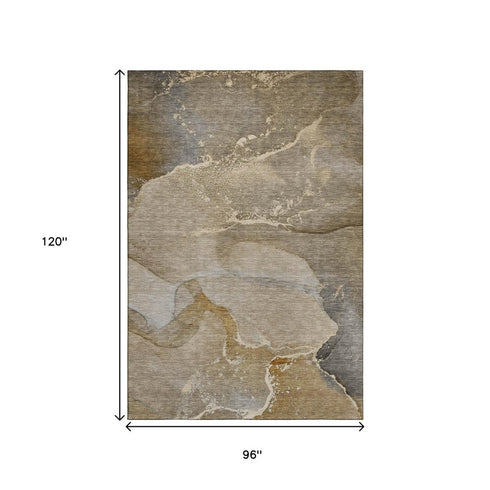8' X 10' Brown Gray And Ivory Abstract Washable Area Rug With UV Protection