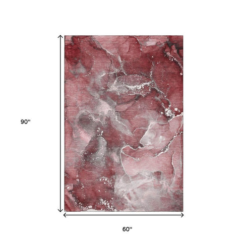 5' X 8' Merlot And Ivory Abstract Washable Area Rug With UV Protection