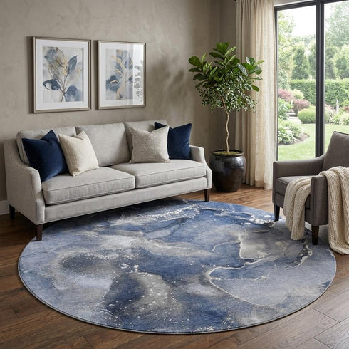 8' Navy Blue And Ivory Abstract Washable Round Rug With UV Protection