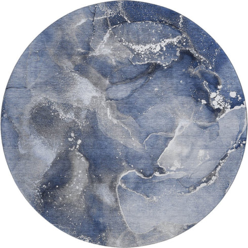 8' Navy Blue And Ivory Abstract Washable Round Rug With UV Protection