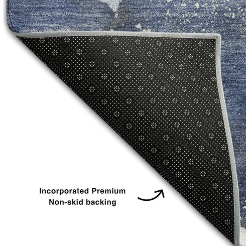 8' Navy Blue And Ivory Abstract Washable Round Rug With UV Protection