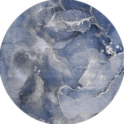 8' Navy Blue And Ivory Abstract Washable Round Rug With UV Protection