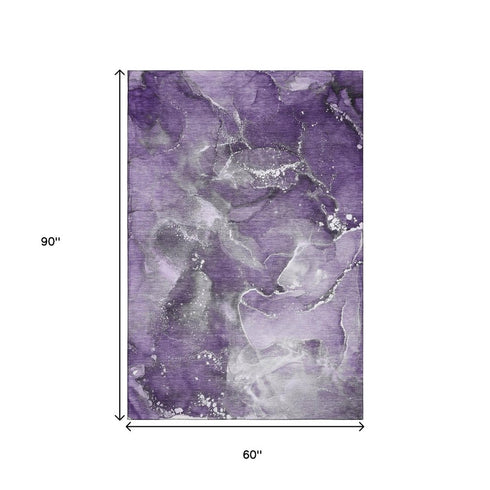 5' X 8' Purple And Ivory Abstract Washable Area Rug With UV Protection