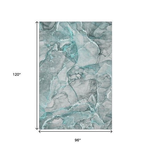 8' X 10' Teal And Ivory Abstract Washable Area Rug With UV Protection
