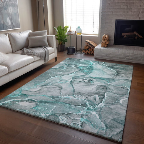 8' X 10' Teal And Ivory Abstract Washable Area Rug With UV Protection