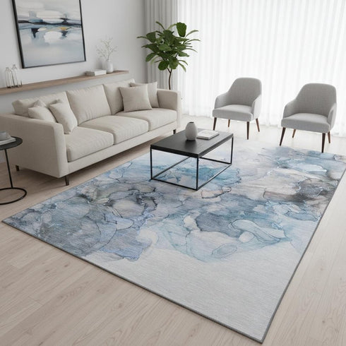 5' X 8' Blue Gray And Ivory Abstract Washable Area Rug With UV Protection
