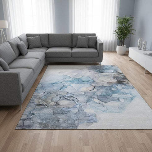 8' X 10' Blue Gray And Ivory Abstract Washable Area Rug With UV Protection