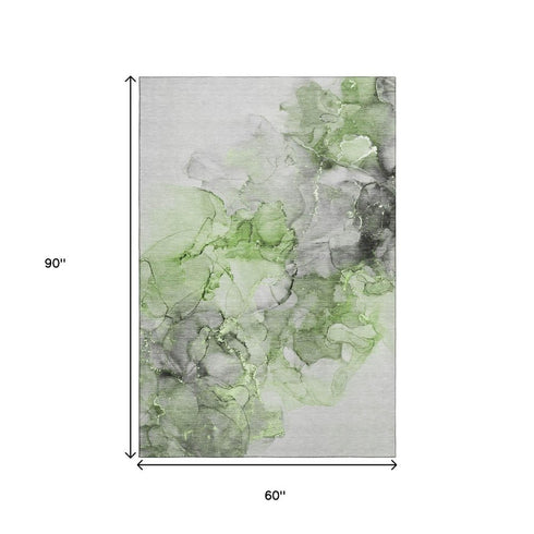 5' X 8' Green Gray And Ivory Abstract Washable Area Rug With UV Protection