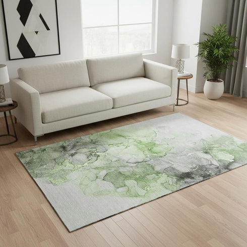 5' X 8' Green Gray And Ivory Abstract Washable Area Rug With UV Protection