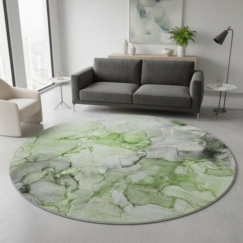 8' Green Gray And Ivory Abstract Washable Round Rug With UV Protection