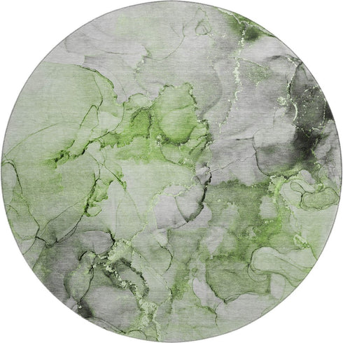 8' Green Gray And Ivory Abstract Washable Round Rug With UV Protection