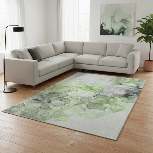 9' X 12' Green Gray And Ivory Abstract Washable Area Rug With UV Protection