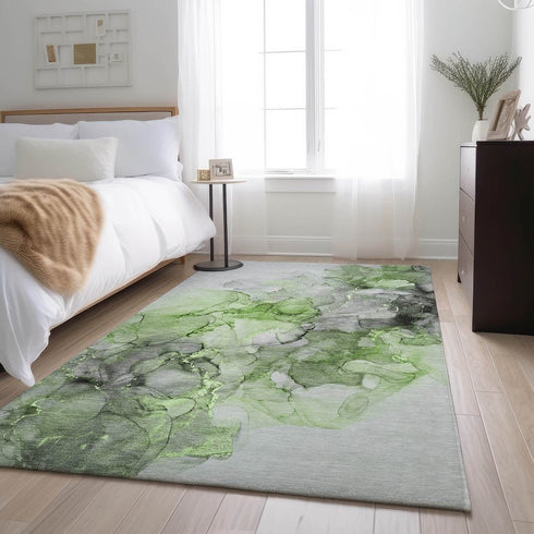 9' X 12' Green Gray And Ivory Abstract Washable Area Rug With UV Protection