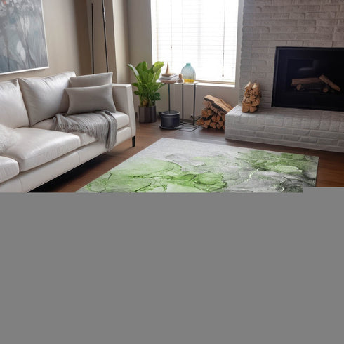 9' X 12' Green Gray And Ivory Abstract Washable Area Rug With UV Protection