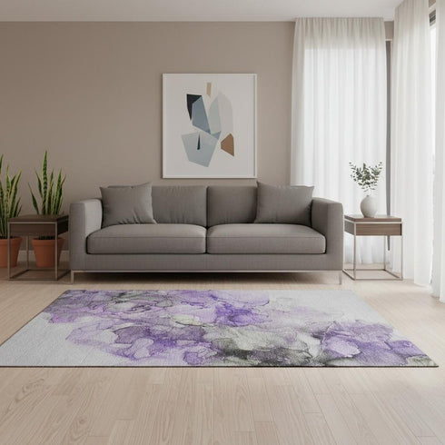 5' X 8' Purple Gray And Ivory Abstract Washable Area Rug With UV Protection