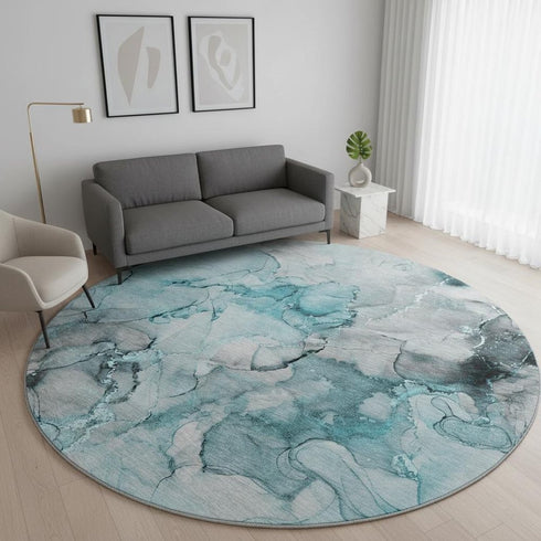 8' Teal Gray And Ivory Abstract Washable Round Rug With UV Protection