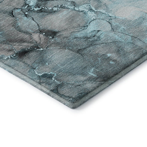8' Teal Gray And Ivory Abstract Washable Round Rug With UV Protection