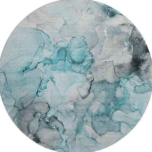 8' Teal Gray And Ivory Abstract Washable Round Rug With UV Protection