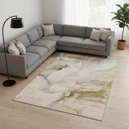 9' X 12' Beige And Ivory Abstract Washable Area Rug With UV Protection