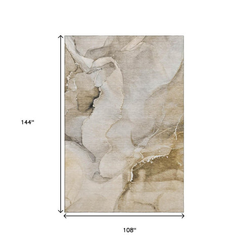 9' X 12' Beige And Ivory Abstract Washable Area Rug With UV Protection