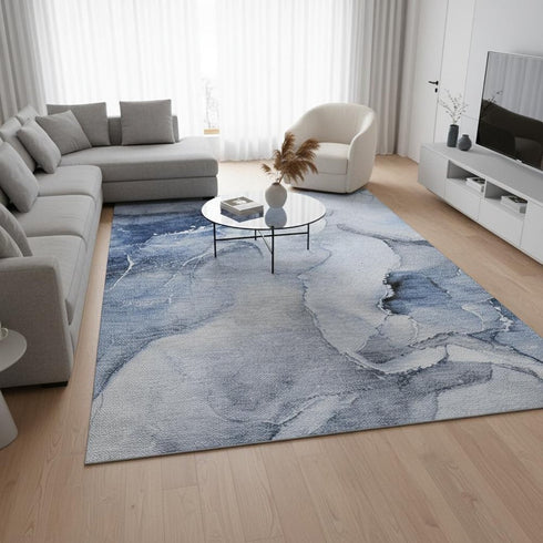 8' X 10' Blue And Ivory Abstract Washable Area Rug With UV Protection