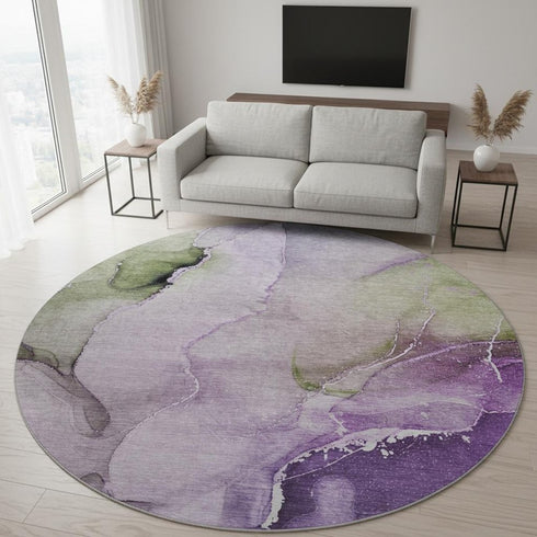 8' Purple Ivory And Green Abstract Washable Round Rug With UV Protection