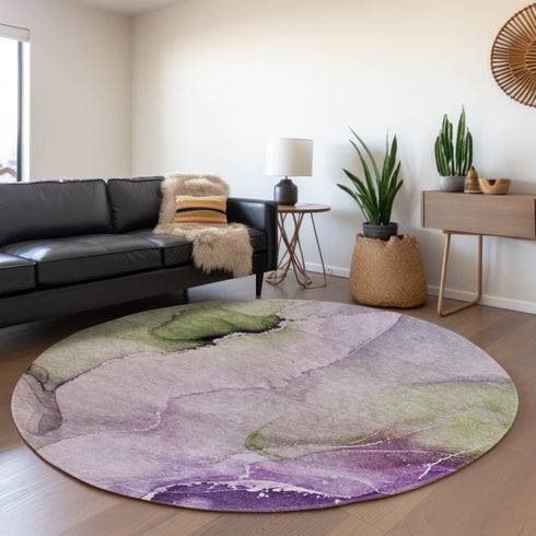 8' Purple Ivory And Green Abstract Washable Round Rug With UV Protection