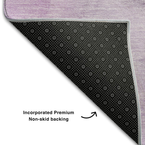 8' Purple Ivory And Green Abstract Washable Round Rug With UV Protection
