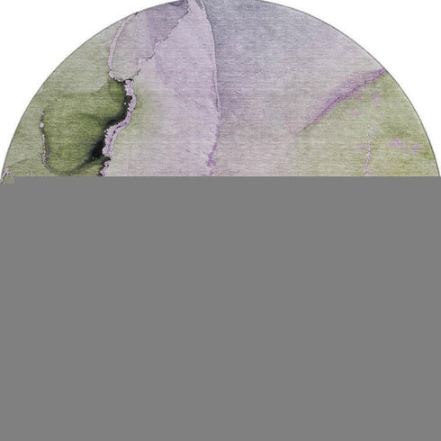 8' Purple Ivory And Green Abstract Washable Round Rug With UV Protection