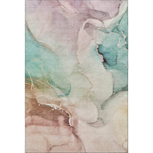 8' X 10' Teal Ivory And Brown Abstract Washable Area Rug With UV Protection
