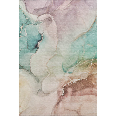 8' X 10' Teal Ivory And Brown Abstract Washable Area Rug With UV Protection