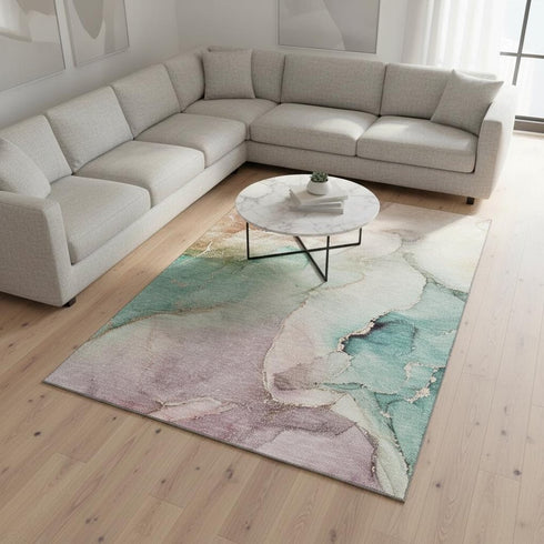 8' X 10' Teal Ivory And Brown Abstract Washable Area Rug With UV Protection