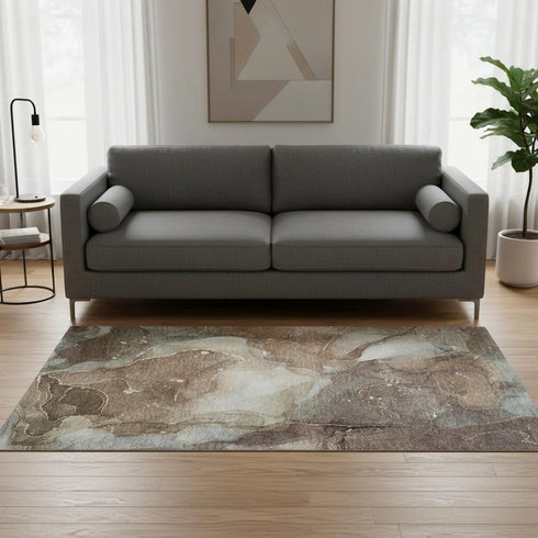 5' X 8' Brown Ivory And Gray Abstract Washable Area Rug With UV Protection